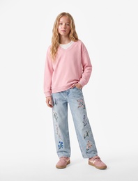 Çiçek Nakışlı Pamuklu Geniş Paça Denim Pantolon