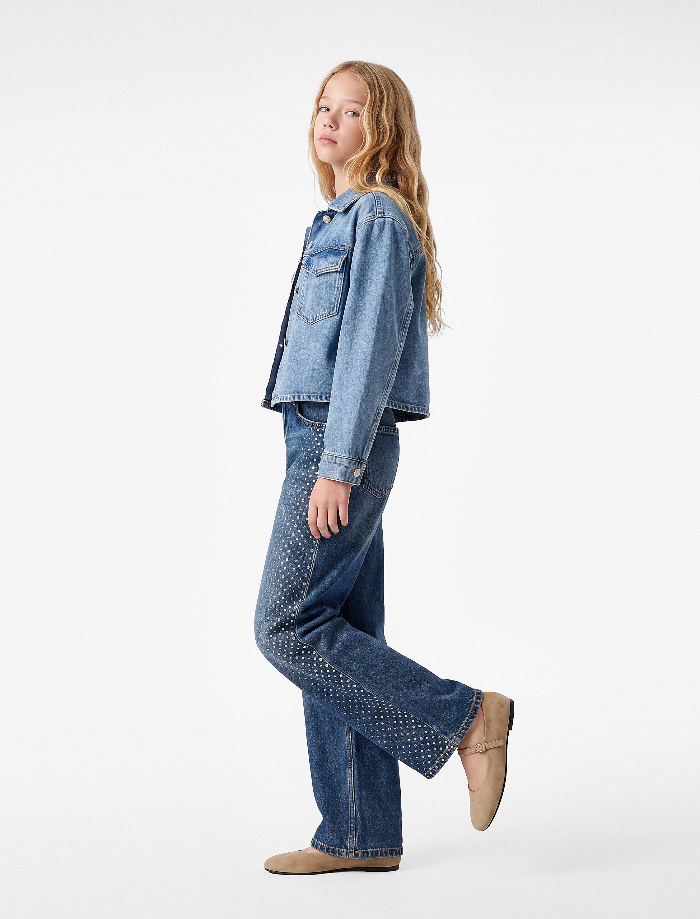  Kız Çocuk Pamuklu Bol Kesim Taşlı Geniş Paça Denim Pantolon