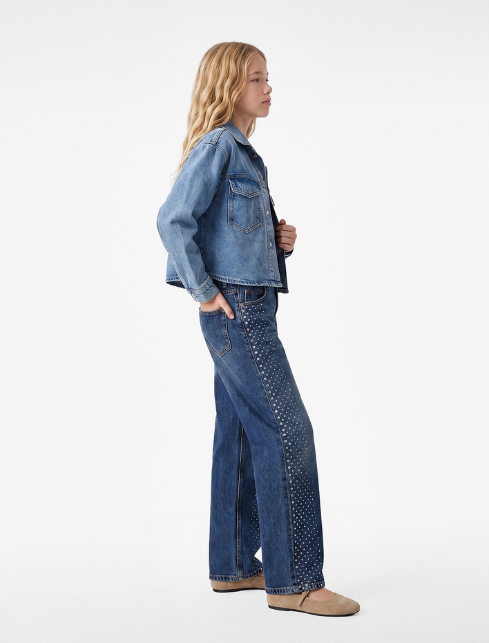 Kız Çocuk Pamuklu Bol Kesim Taş Detaylı Geniş Paça Denim Pantolon