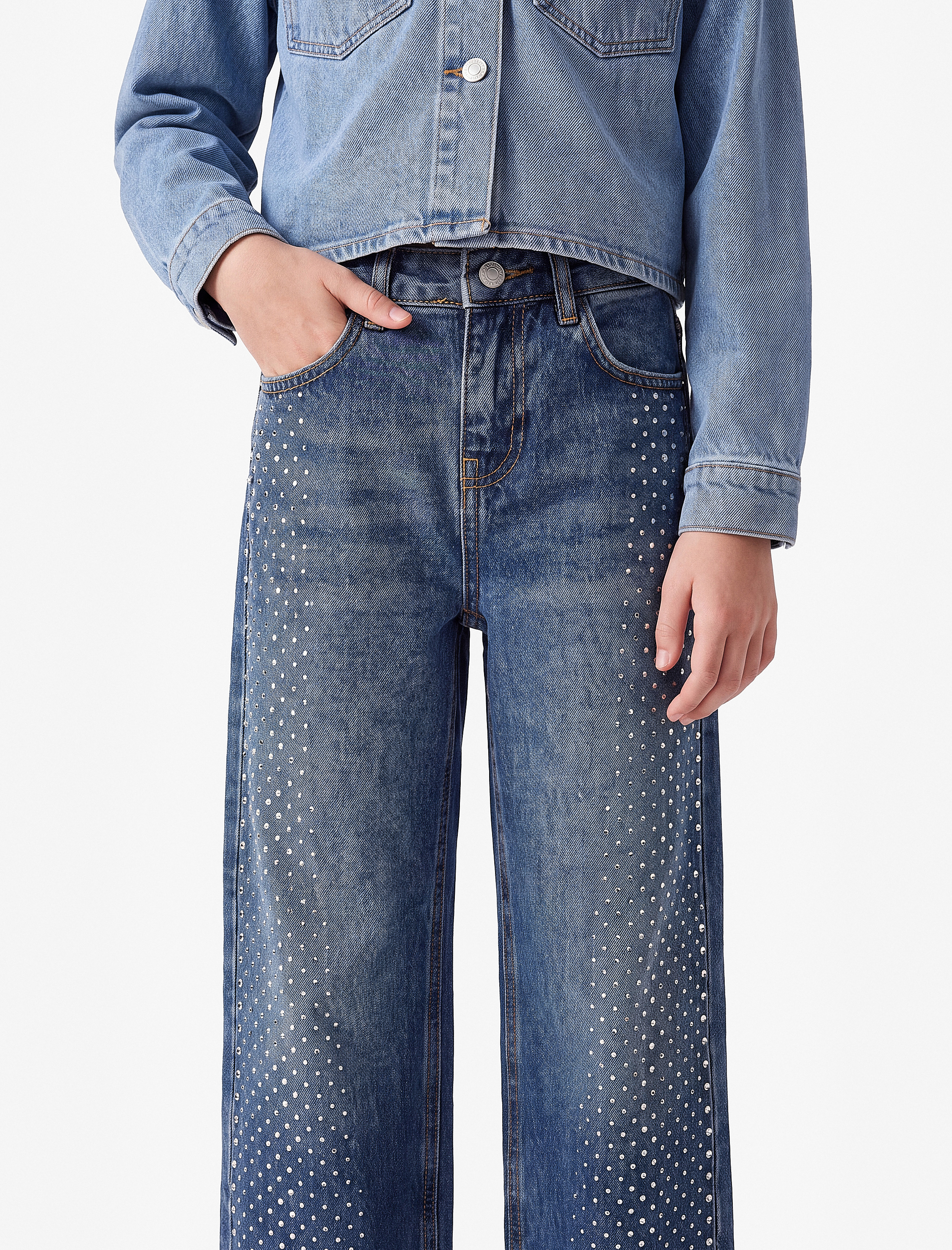  Kız Çocuk Pamuklu Bol Kesim Taşlı Geniş Paça Denim Pantolon