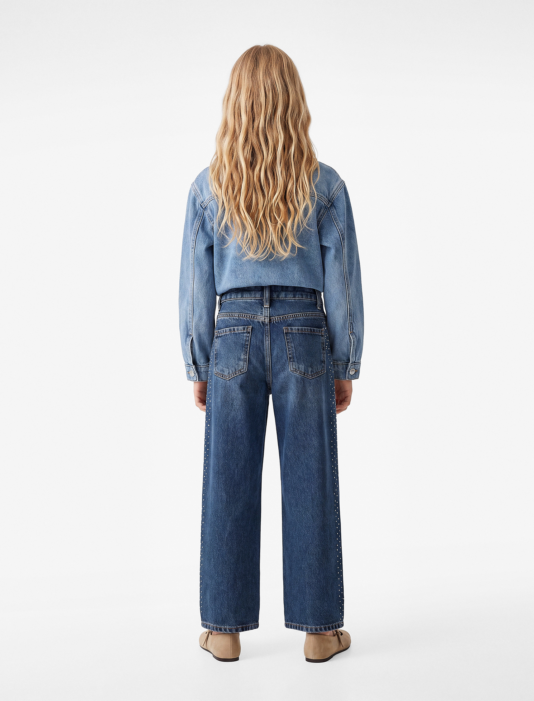  Kız Çocuk Pamuklu Bol Kesim Taşlı Geniş Paça Denim Pantolon