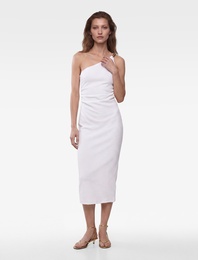 Koton X Sibil Çetinkaya - Bürümcük Kumaş Asimetrik Yaka Aksesuarlı Tek Omuz Bodycon Elbise