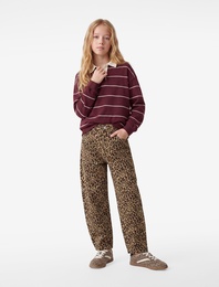 Barrel Jean Pantolon Leopar Desenli Bol Kesim Pamuklu Cepli