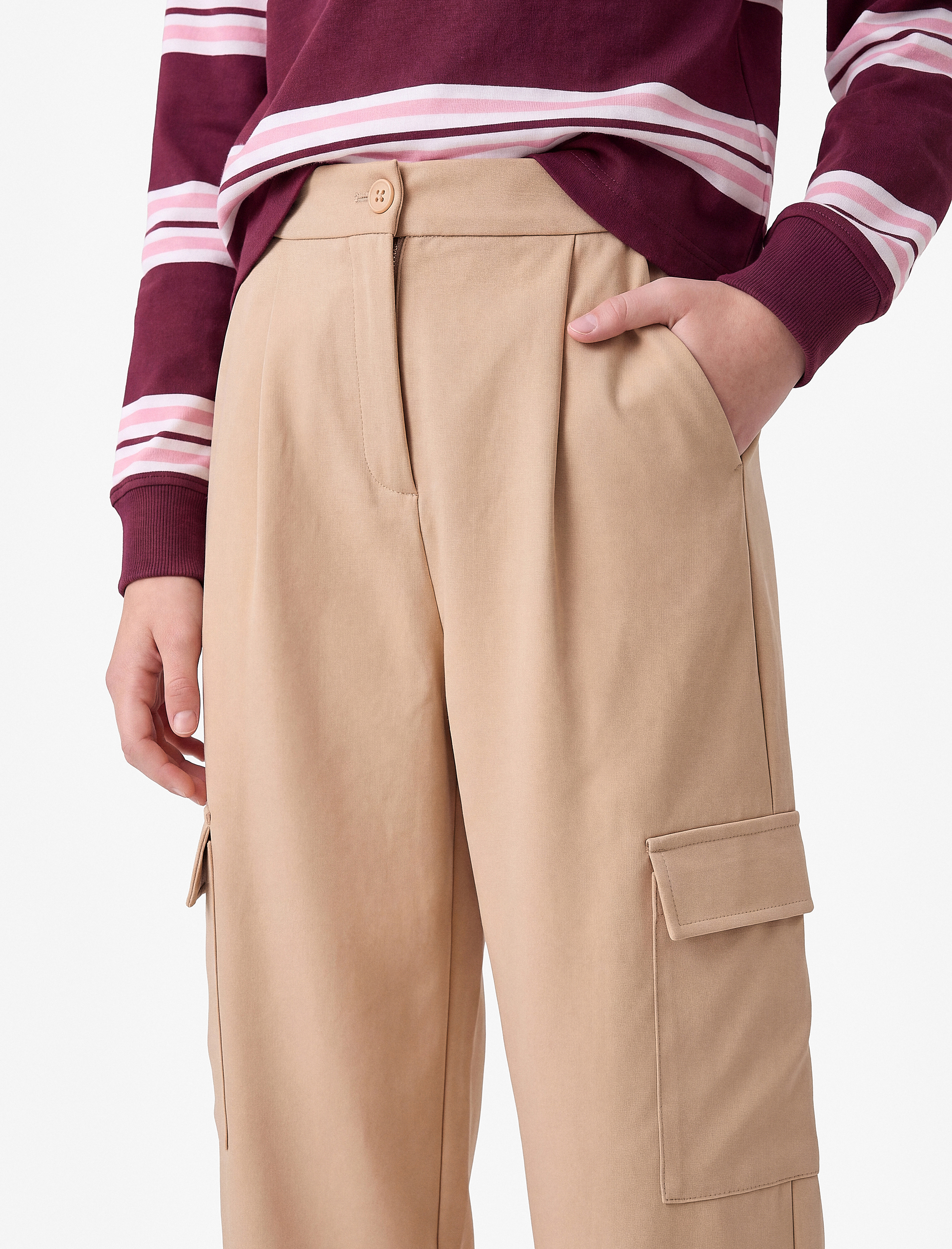  Kız Çocuk Gabardin Barrel Pantolon Kargo Cepli Yüksek Bel Bol Kesim