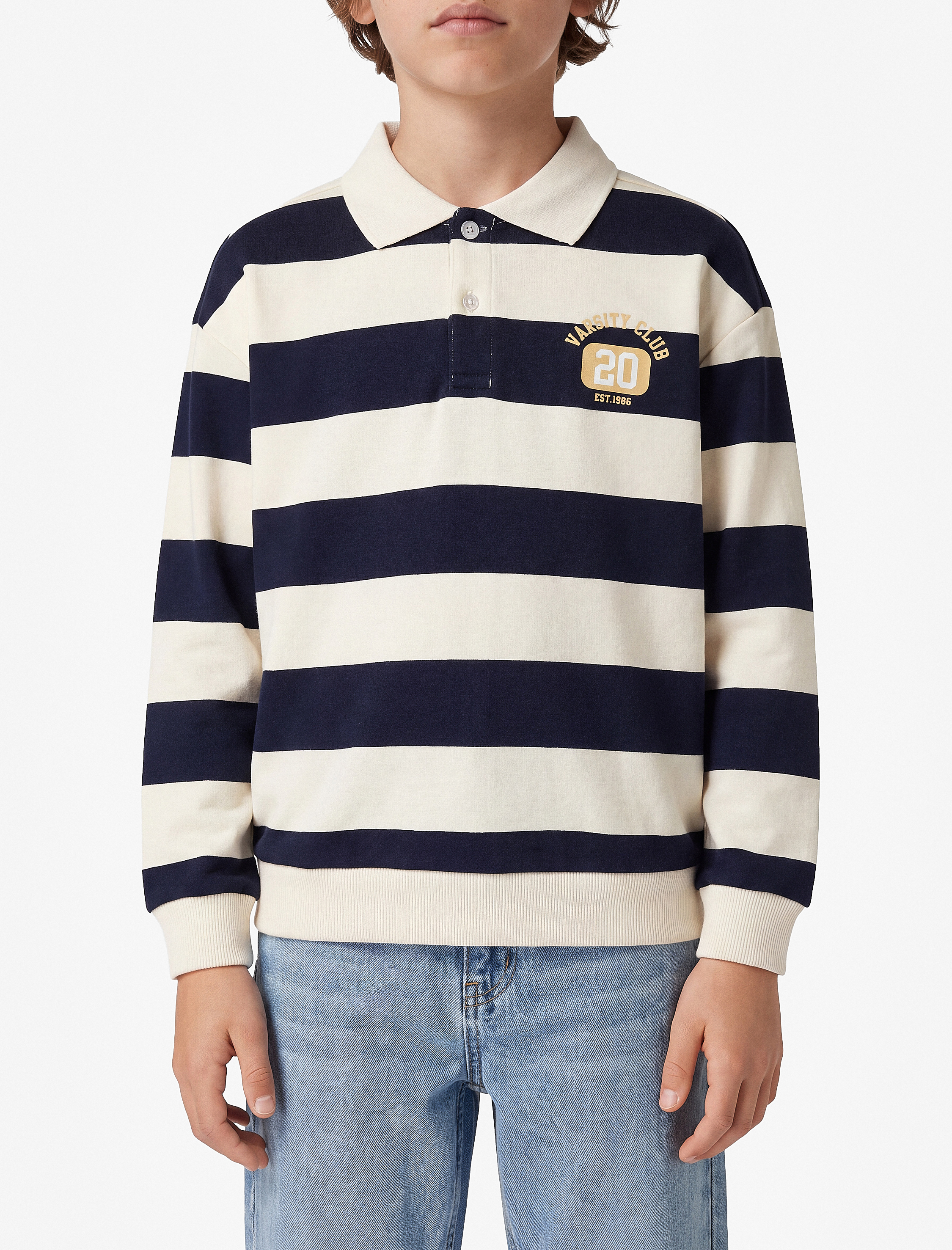  Erkek Çocuk Üç İplik Uzun Kollu Polo Yaka Çizgili Baskılı Sweatshirt