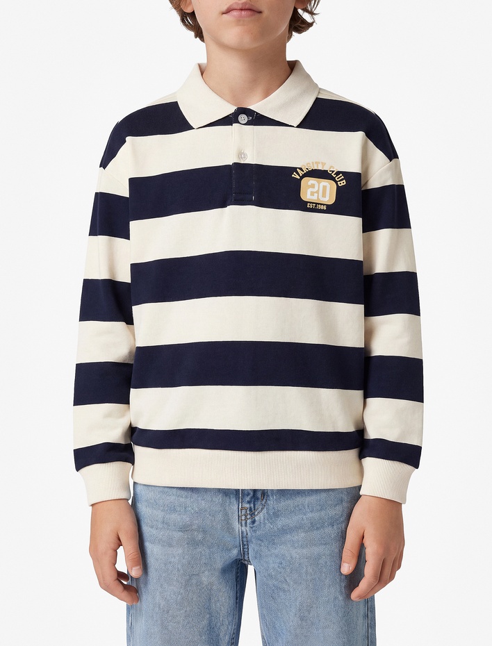 Erkek Çocuk Üç İplik Uzun Kollu Polo Yaka Çizgili Baskılı Sweatshirt