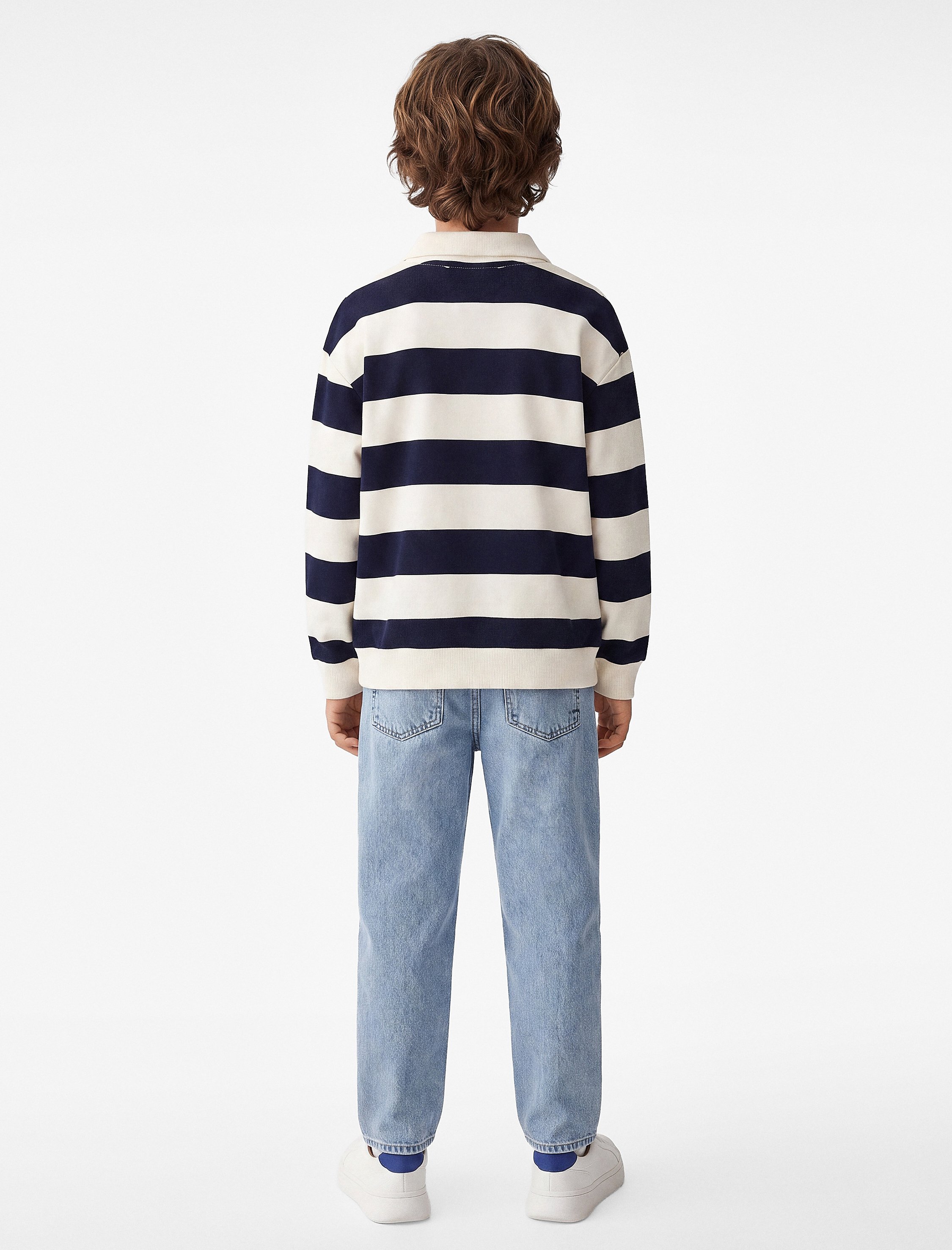  Erkek Çocuk Üç İplik Uzun Kollu Polo Yaka Çizgili Baskılı Sweatshirt