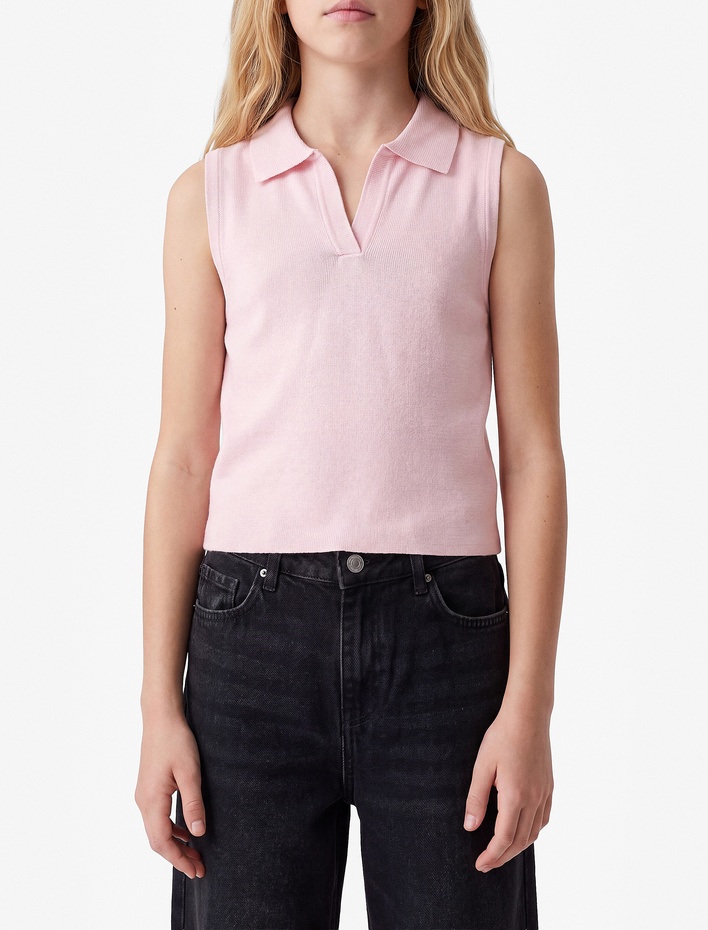 Kız Çocuk Slim Fit Viskon Karışımlı Gömlek Yaka Kolsuz Triko Atlet
