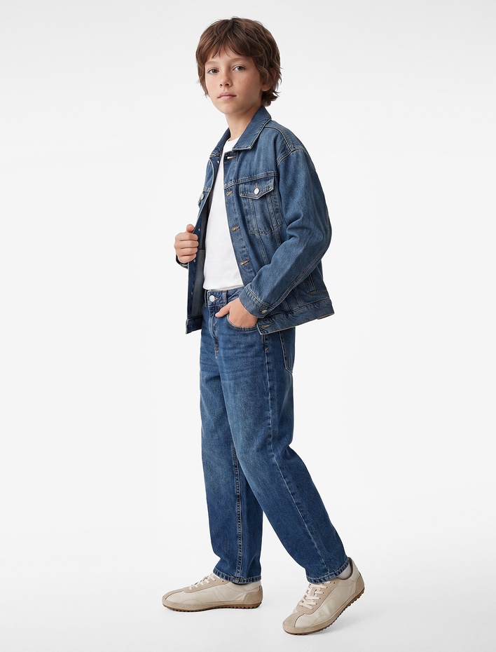 Erkek Çocuk Rahat Kesim Cep Detaylı Pamuklu Barrel Denim Pantolon