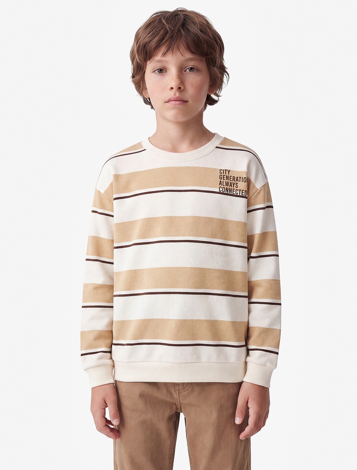Erkek Çocuk Regular Fit Bisiklet Yaka Uzun Kollu Çizgili Baskılı Sweatshirt