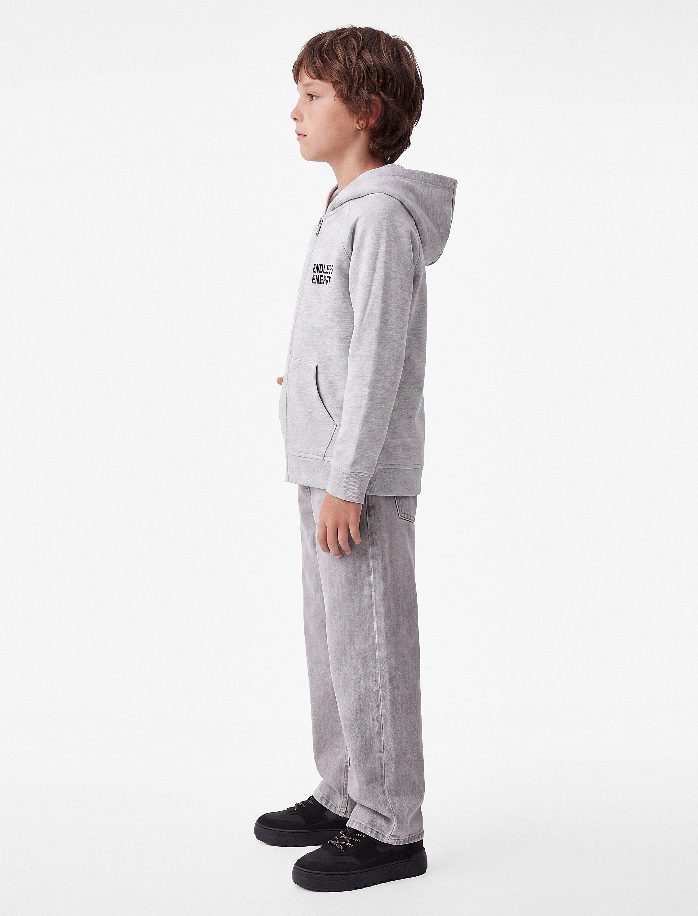  Erkek Çocuk Baskılı Pamuklu Cepli Üç İplik Şardonlu Kapşonlu Fermuarlı Sweatshirt