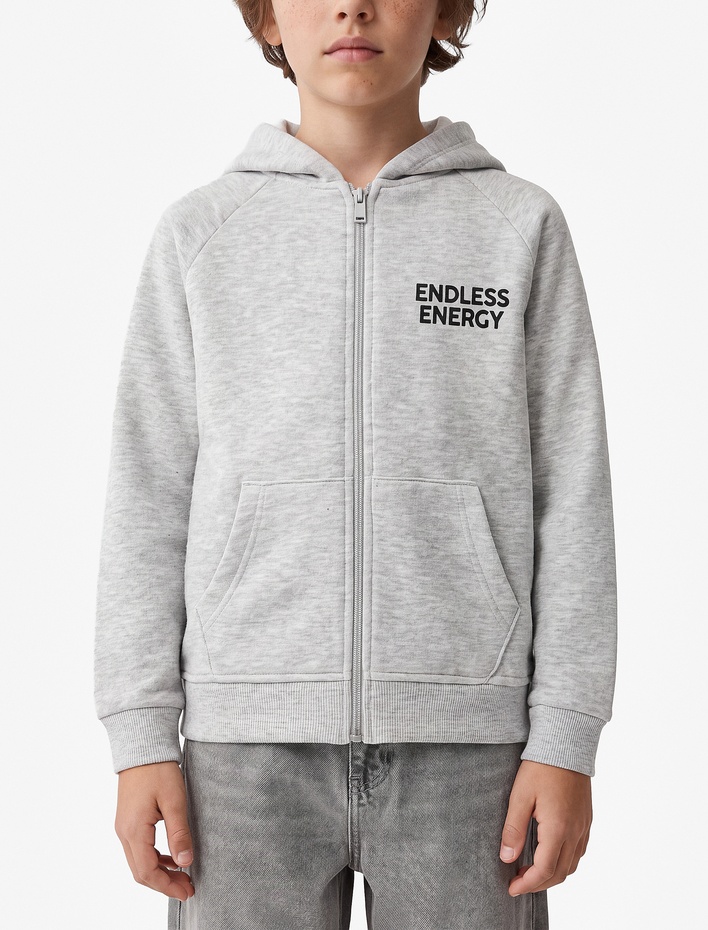 Erkek Çocuk Baskı Detaylı Pamuklu Cepli Üç İplik Şardonlu Kapşonlu Fermuarlı Sweatshirt