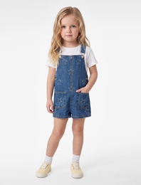 Cepli Yıldız İşlemeli Pamuklu Kare Yaka Askılı Denim Salopet Tulum