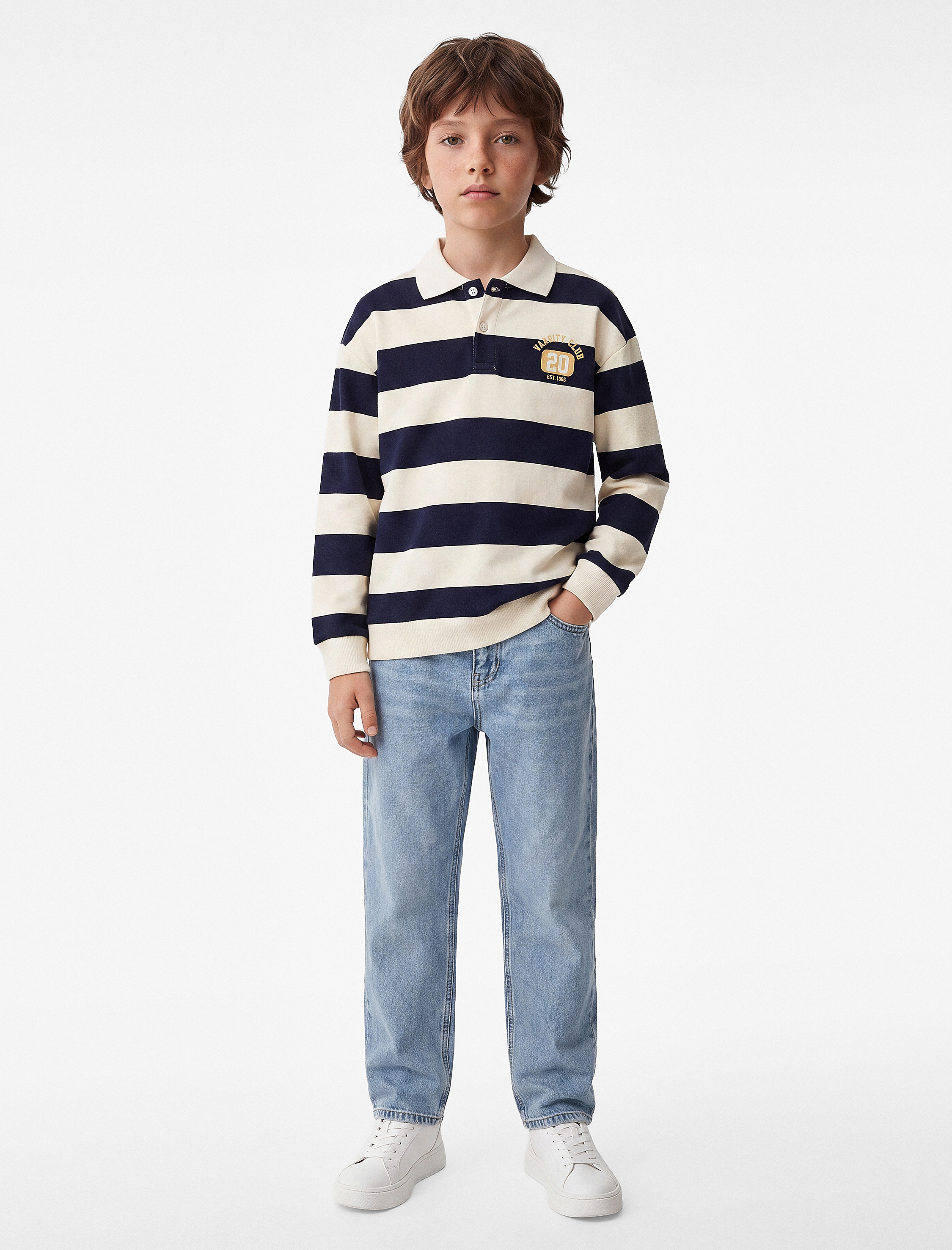  Erkek Çocuk Üç İplik Uzun Kollu Polo Yaka Çizgili Baskılı Sweatshirt