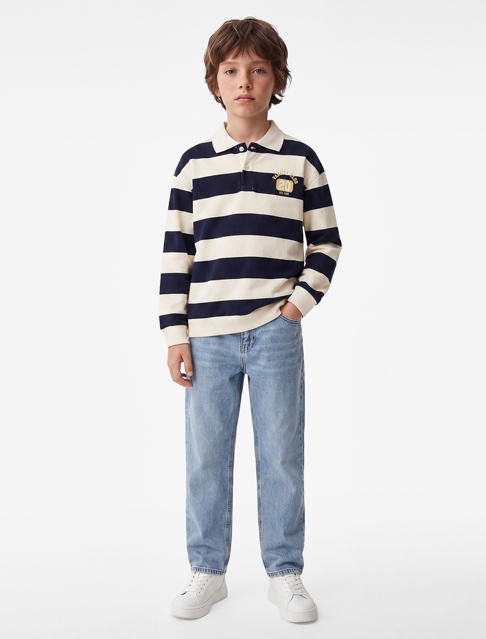Erkek Çocuk Üç İplik Uzun Kollu Polo Yaka Çizgili Baskılı Sweatshirt