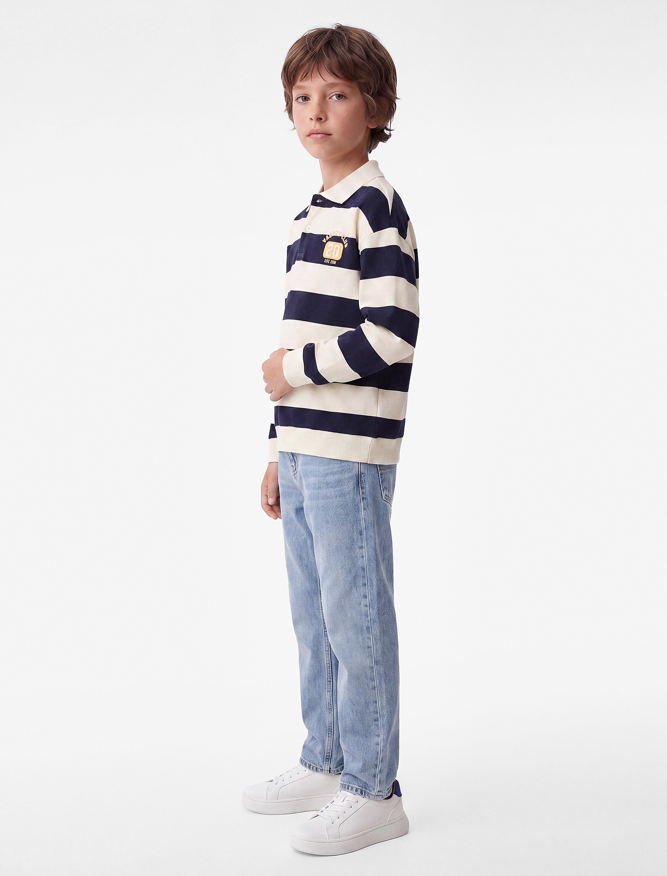  Erkek Çocuk Üç İplik Uzun Kollu Polo Yaka Çizgili Baskılı Sweatshirt
