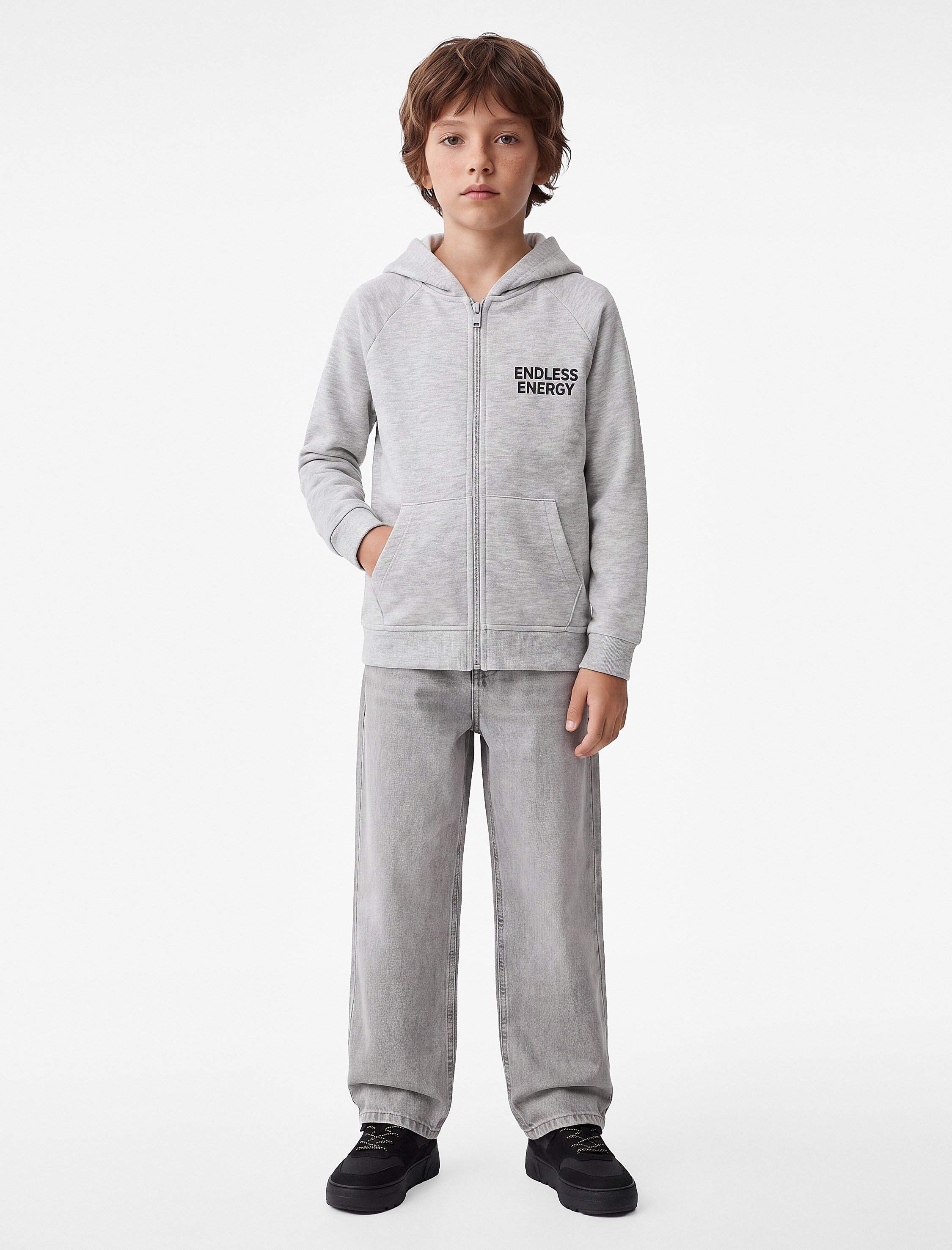  Erkek Çocuk Baskılı Pamuklu Cepli Üç İplik Şardonlu Kapşonlu Fermuarlı Sweatshirt