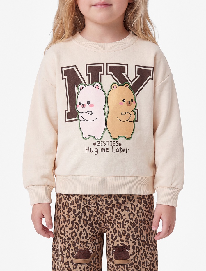 Kız Bebek Uzun Kollu Üç İplik Bisiklet Yaka Ayıcık Baskılı Sweatshirt