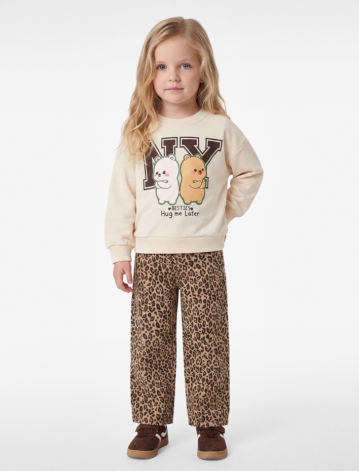Kız Bebek Uzun Kollu Üç İplik Bisiklet Yaka Ayıcık Baskılı Sweatshirt