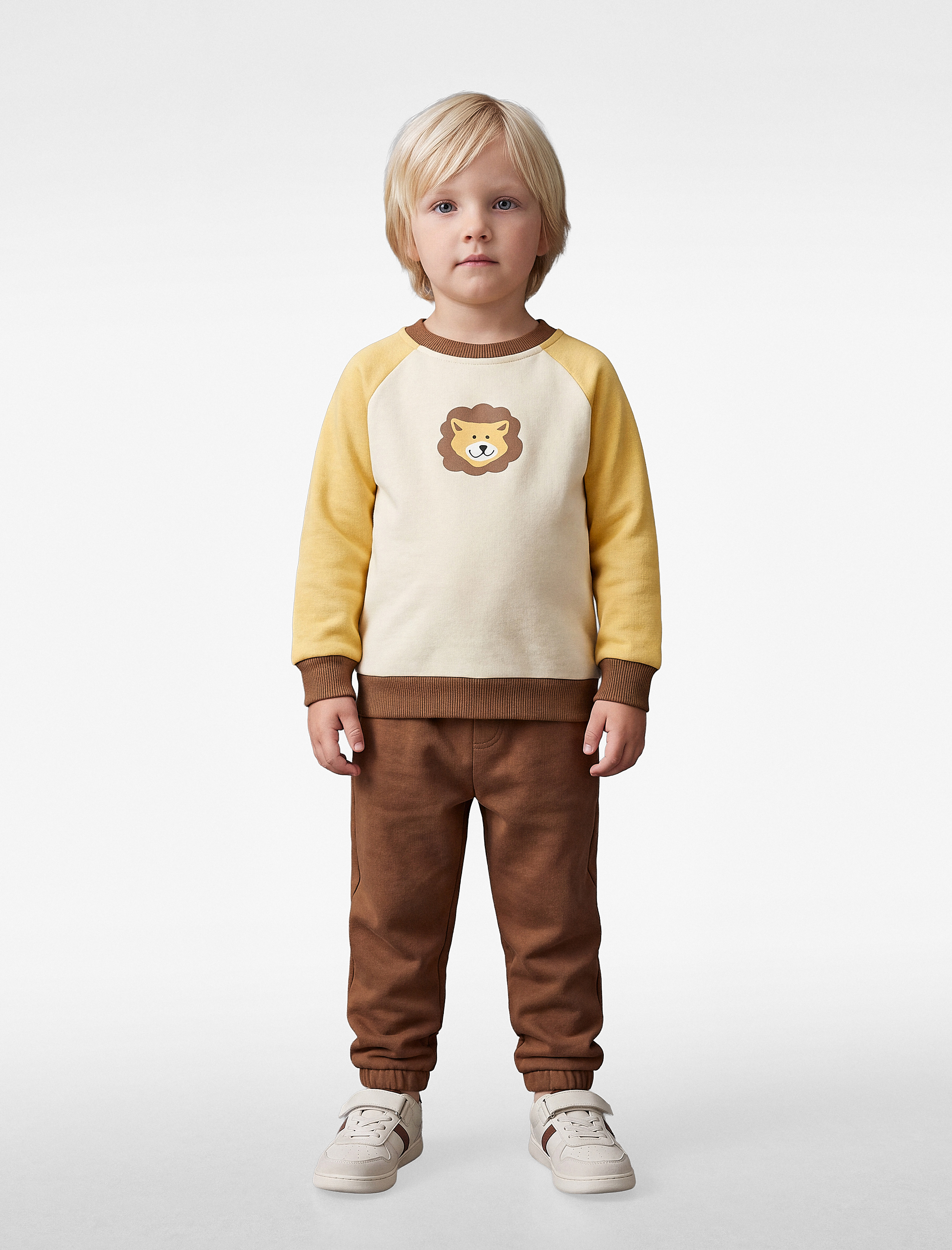  Erkek Bebek Renk Bloklu Aslan Baskılı Şardonlu Sweatshirt ve Eşofman Altı Seti
