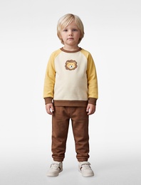 Renk Bloklu Aslan Baskılı Şardonlu Sweatshirt ve Eşofman Altı Seti
