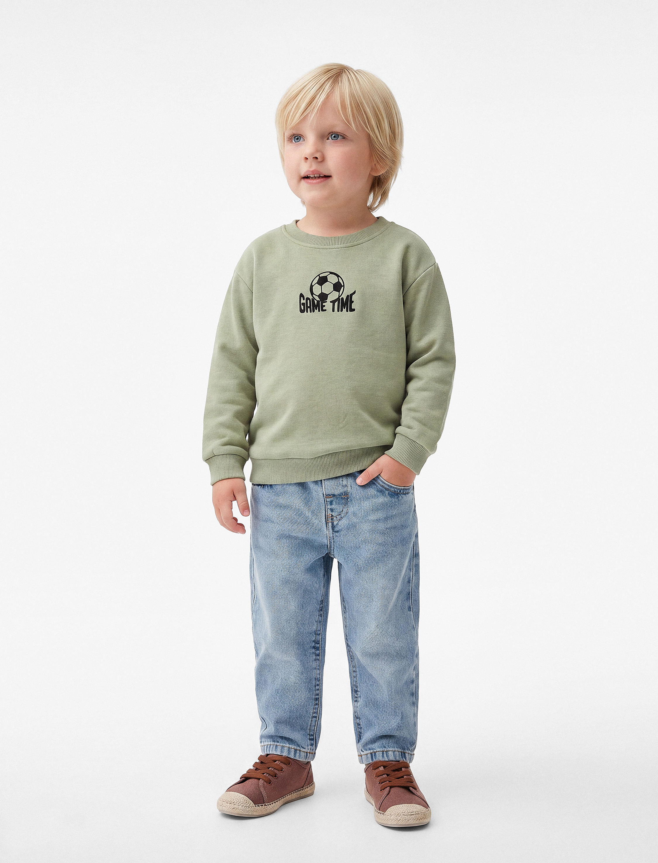  Erkek Bebek Futbol Temalı Nakışlı Uzun Kollu Şardonlu Bisiklet Yaka Pamuklu Sweatshirt