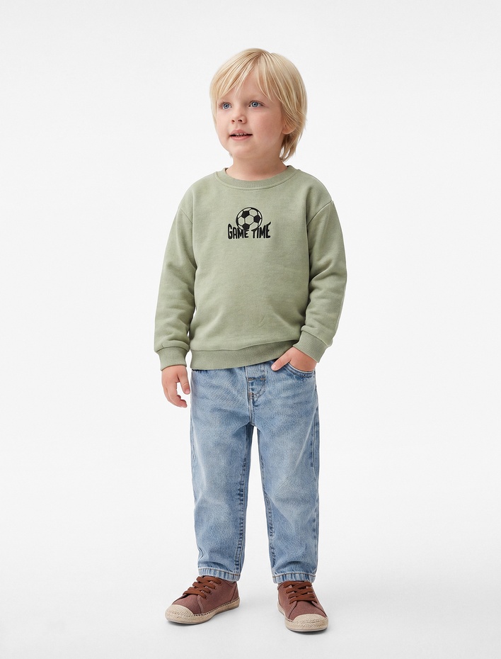 Erkek Bebek Futbol Temalı Nakışlı Uzun Kollu Şardonlu Bisiklet Yaka Pamuklu Sweatshirt