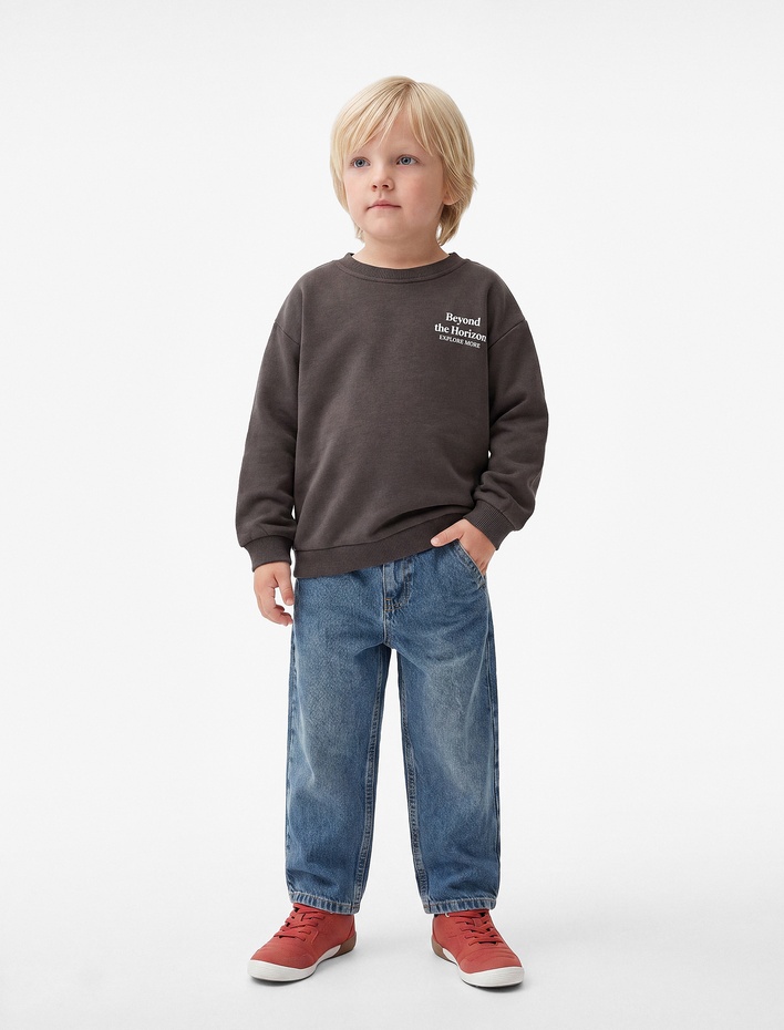 Erkek Bebek Baskılı Şardonlu Pamuklu Bisiklet Yaka Uzun Kollu Sweatshirt