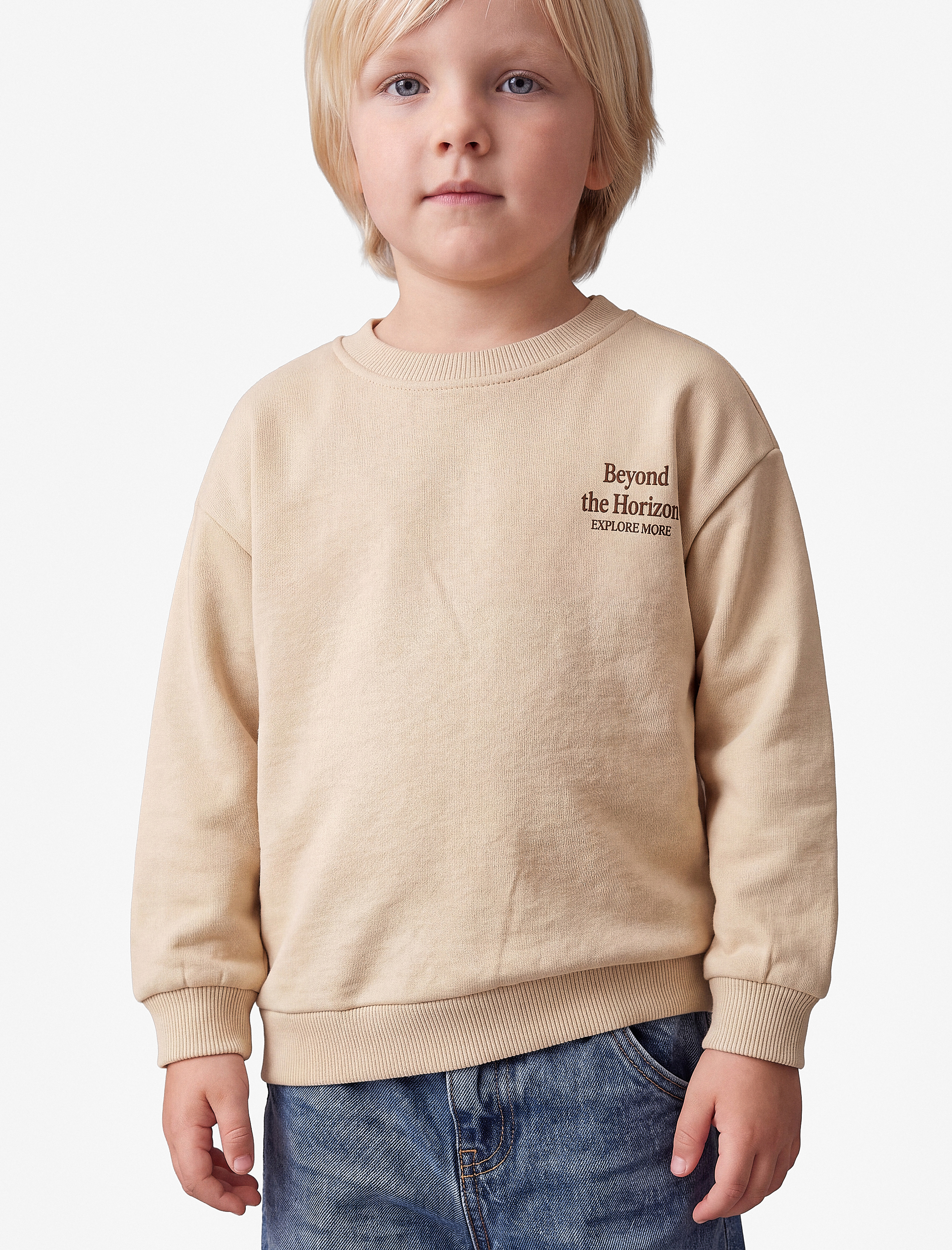  Erkek Bebek Baskılı Şardonlu Pamuklu Bisiklet Yaka Uzun Kollu Sweatshirt