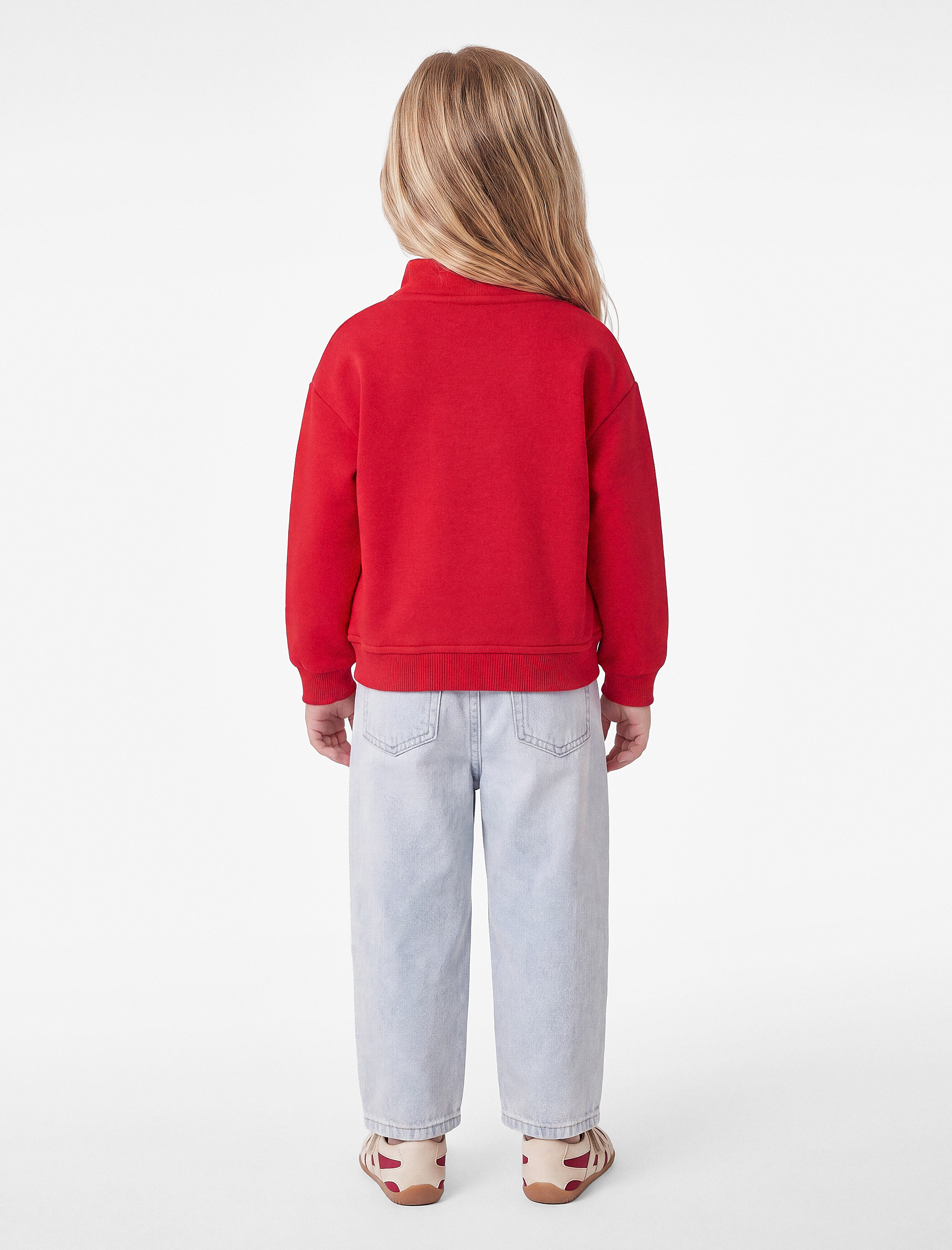 Kız Bebek Fiyonk Baskı Detaylı Şardonlu Uzun Kollu Fermuarlı Yaka Sweatshirt