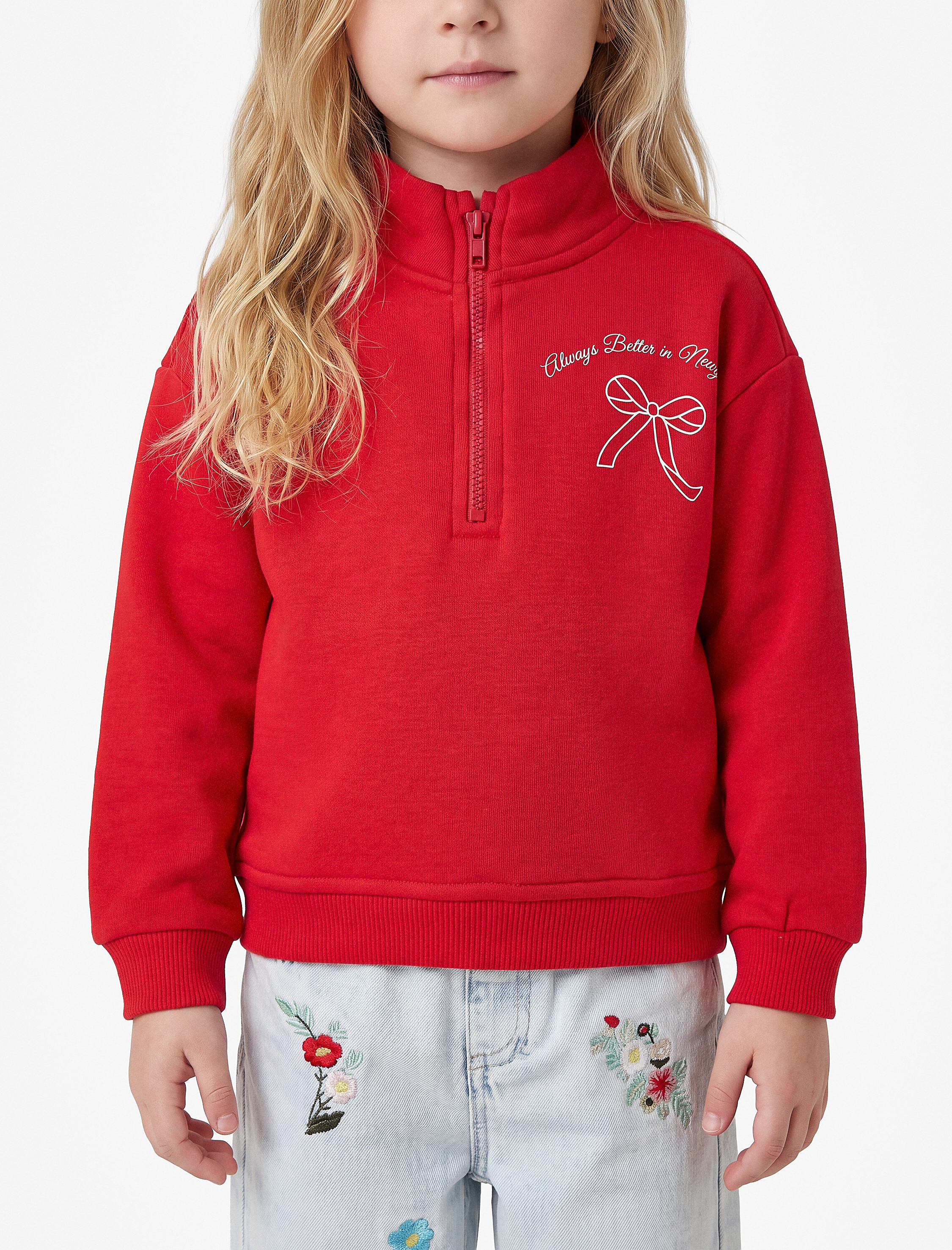  Kız Bebek Fiyonk Baskı Detaylı Şardonlu Uzun Kollu Fermuarlı Yaka Sweatshirt