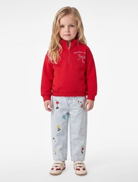 Fiyonk Baskı Detaylı Şardonlu Uzun Kollu Fermuarlı Yaka Sweatshirt