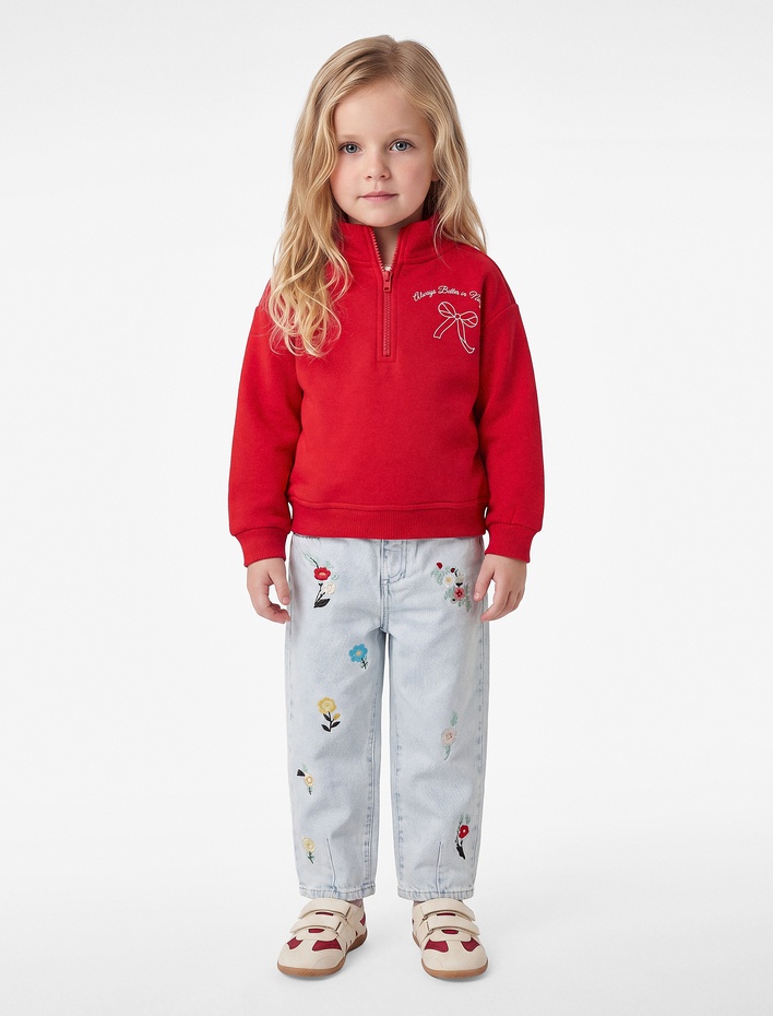 Kız Bebek Fiyonk Baskı Detaylı Şardonlu Uzun Kollu Fermuarlı Yaka Sweatshirt