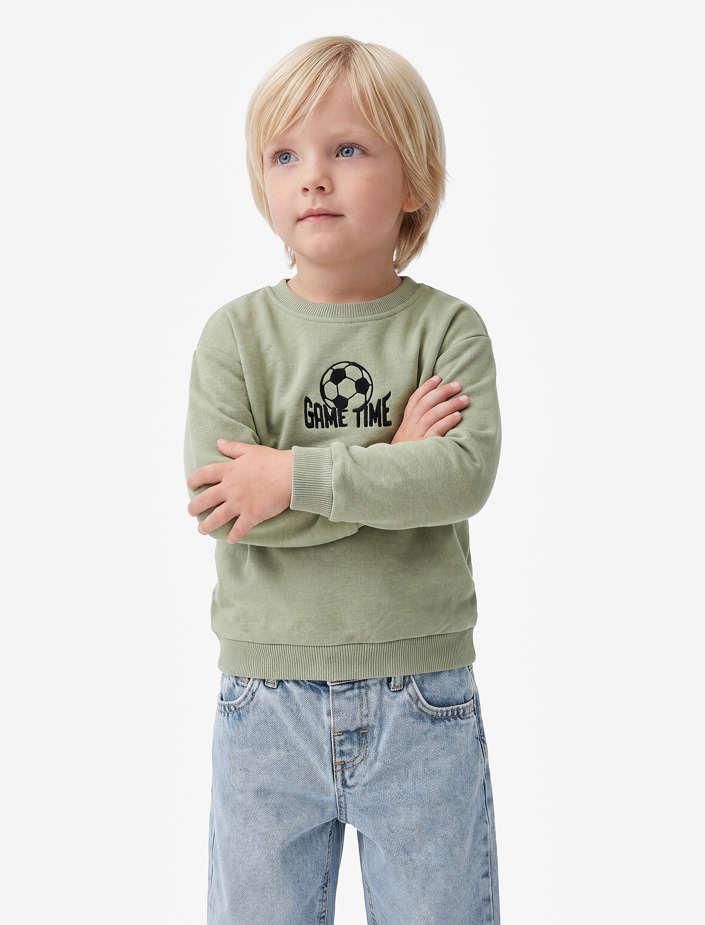  Erkek Bebek Futbol Temalı Nakışlı Uzun Kollu Şardonlu Bisiklet Yaka Pamuklu Sweatshirt