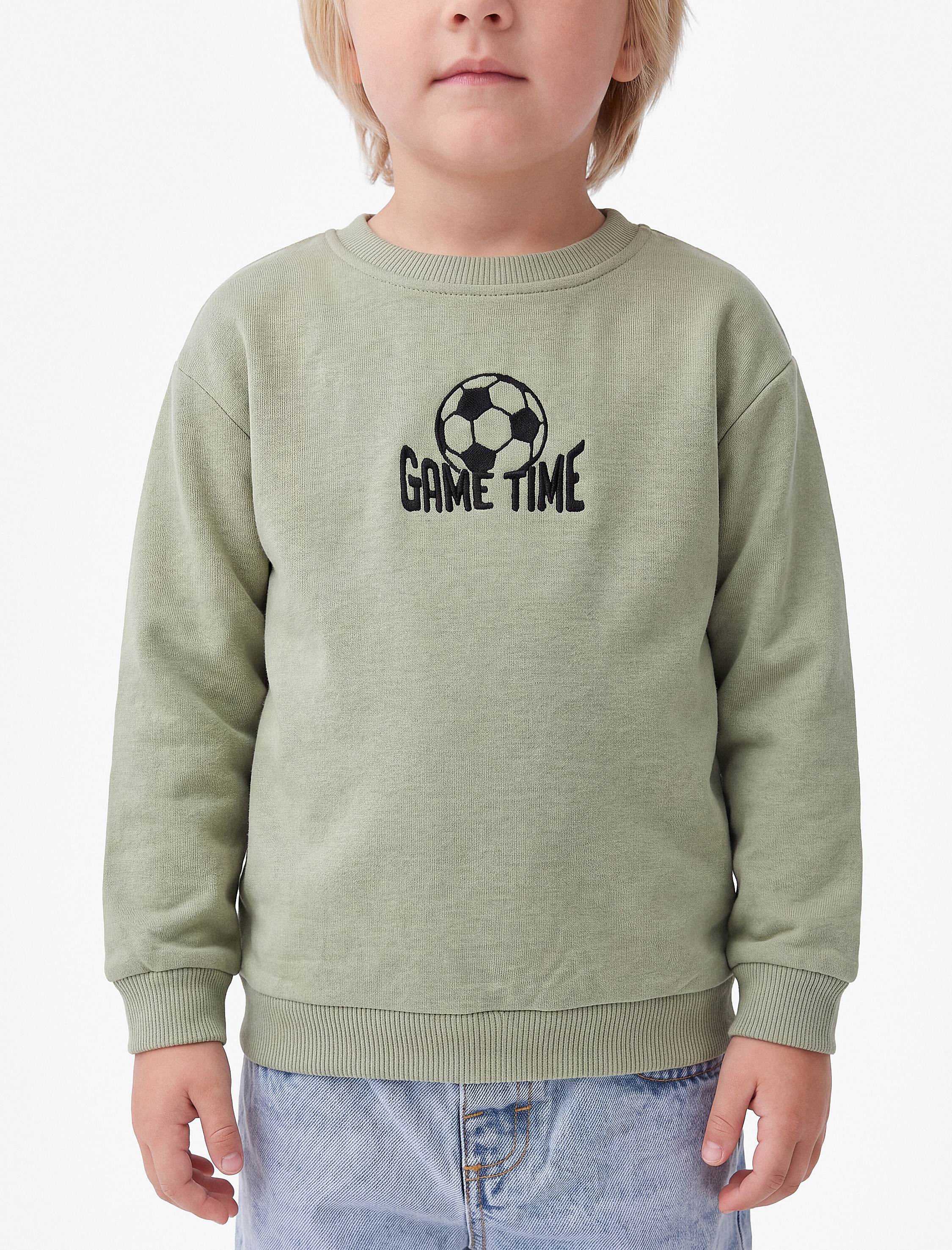  Erkek Bebek Futbol Temalı Nakışlı Uzun Kollu Şardonlu Bisiklet Yaka Pamuklu Sweatshirt