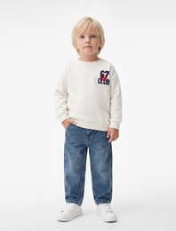 Baskı Detaylı Bisiklet Yaka Uzun Kollu Şardonlu Sweatshirt