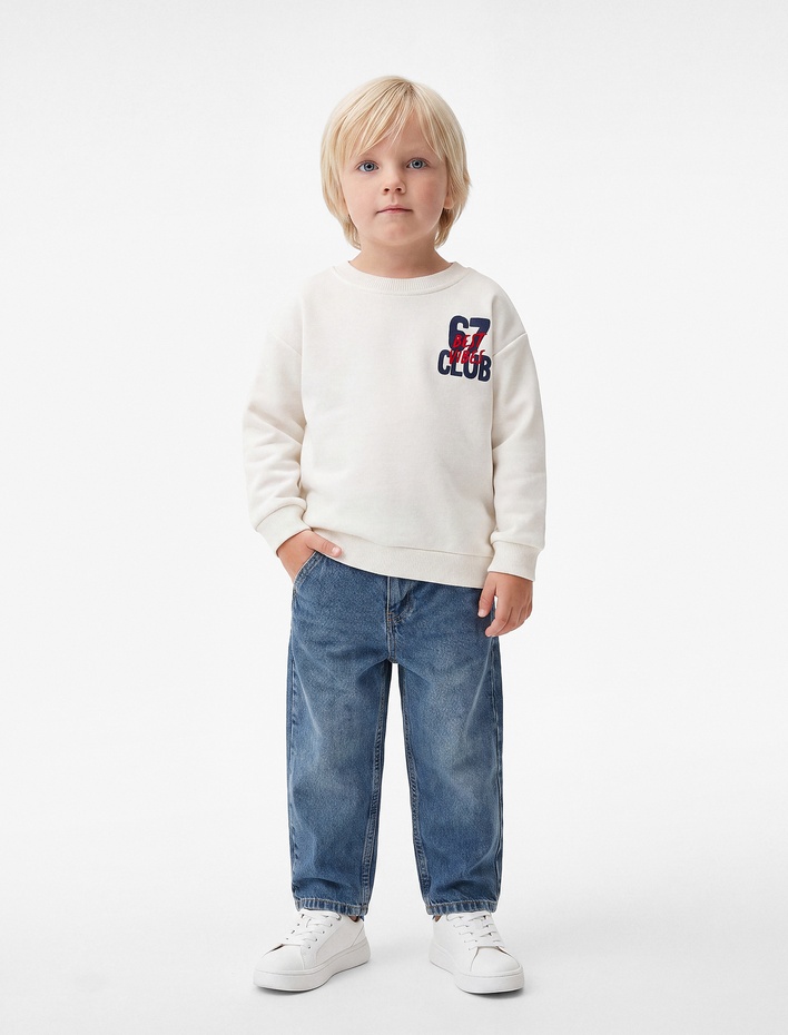 Erkek Bebek Baskı Detaylı Bisiklet Yaka Uzun Kollu Şardonlu Sweatshirt