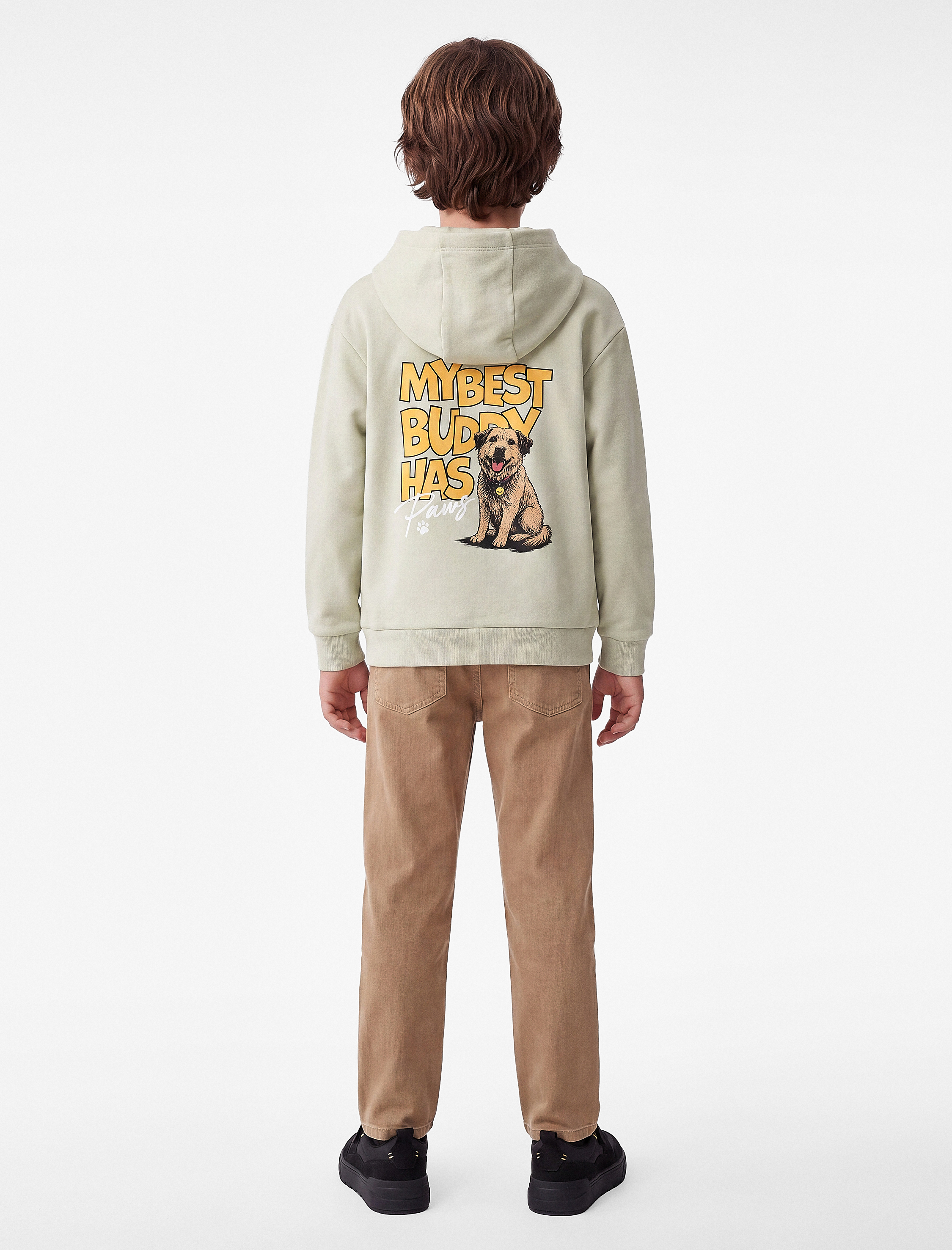  Erkek Çocuk Köpekli Önü ve Arkası Baskılı Şardonlu Uzun Kollu Oversize Kapşonlu Sweatshirt