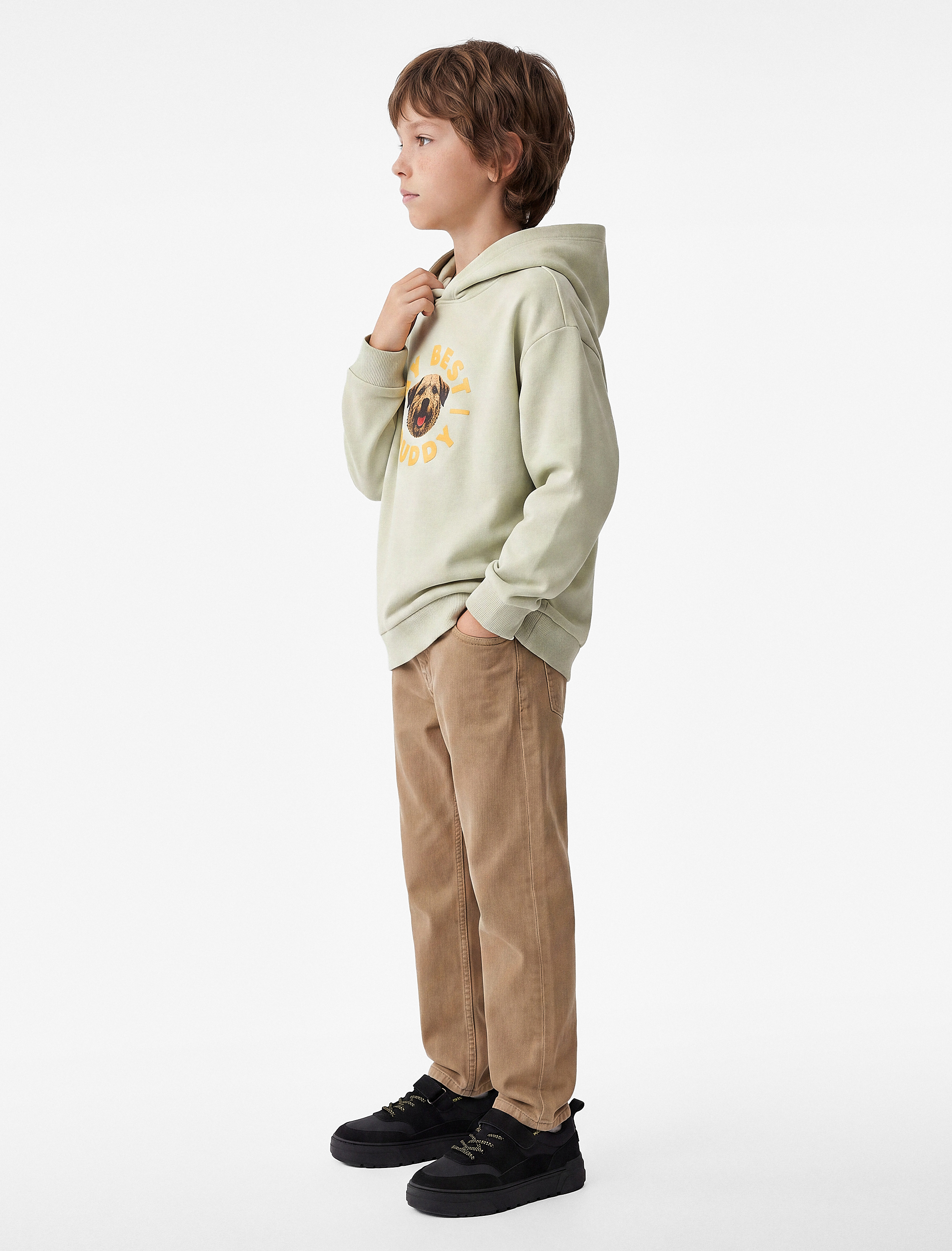  Erkek Çocuk Köpekli Önü ve Arkası Baskılı Şardonlu Uzun Kollu Oversize Kapşonlu Sweatshirt