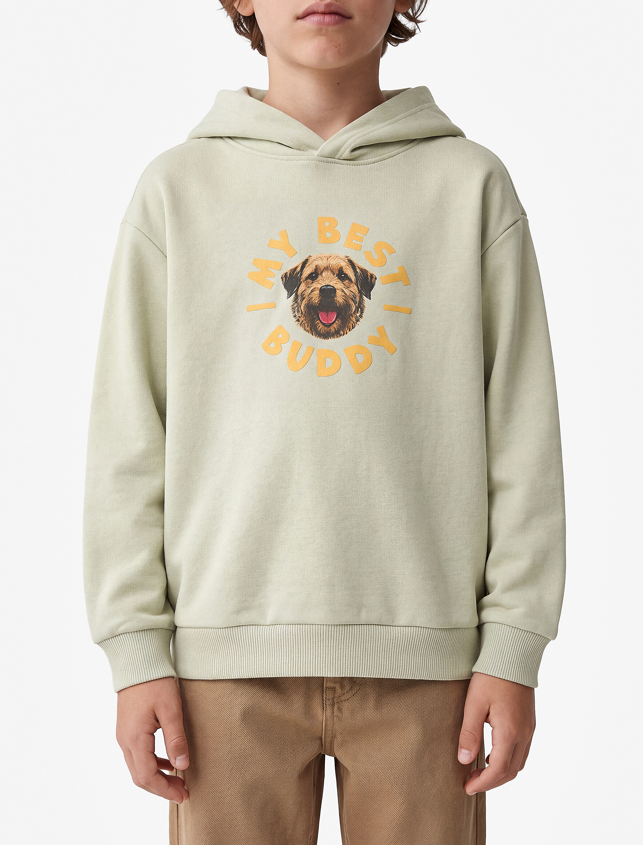  Erkek Çocuk Köpekli Önü ve Arkası Baskılı Şardonlu Uzun Kollu Oversize Kapşonlu Sweatshirt