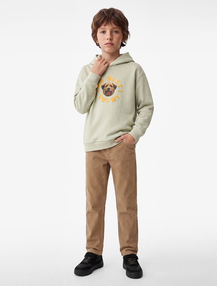 Erkek Çocuk Köpek Detaylı Önü ve Arkası Baskılı Şardonlu Uzun Kollu Oversize Kapşonlu Sweatshirt