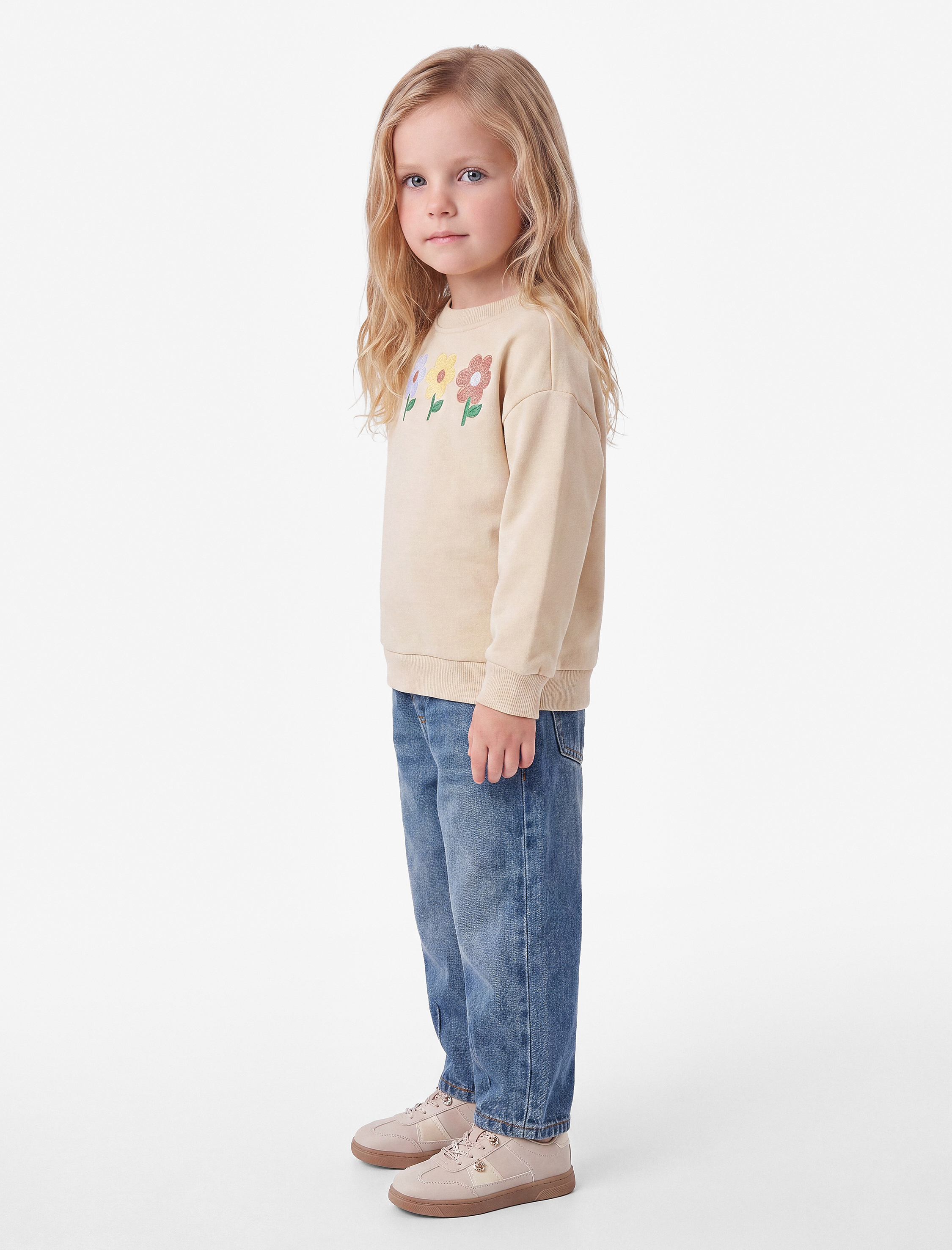  Kız Bebek Çiçek Nakışlı Uzun Kollu Bisiklet Yaka Şardonlu Sweatshirt