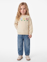 Çiçek Nakışlı Uzun Kollu Bisiklet Yaka Şardonlu Sweatshirt