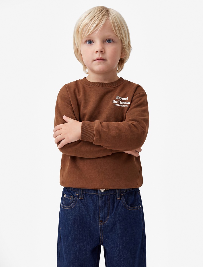 Erkek Bebek Baskılı Şardonlu Pamuklu Bisiklet Yaka Uzun Kollu Sweatshirt