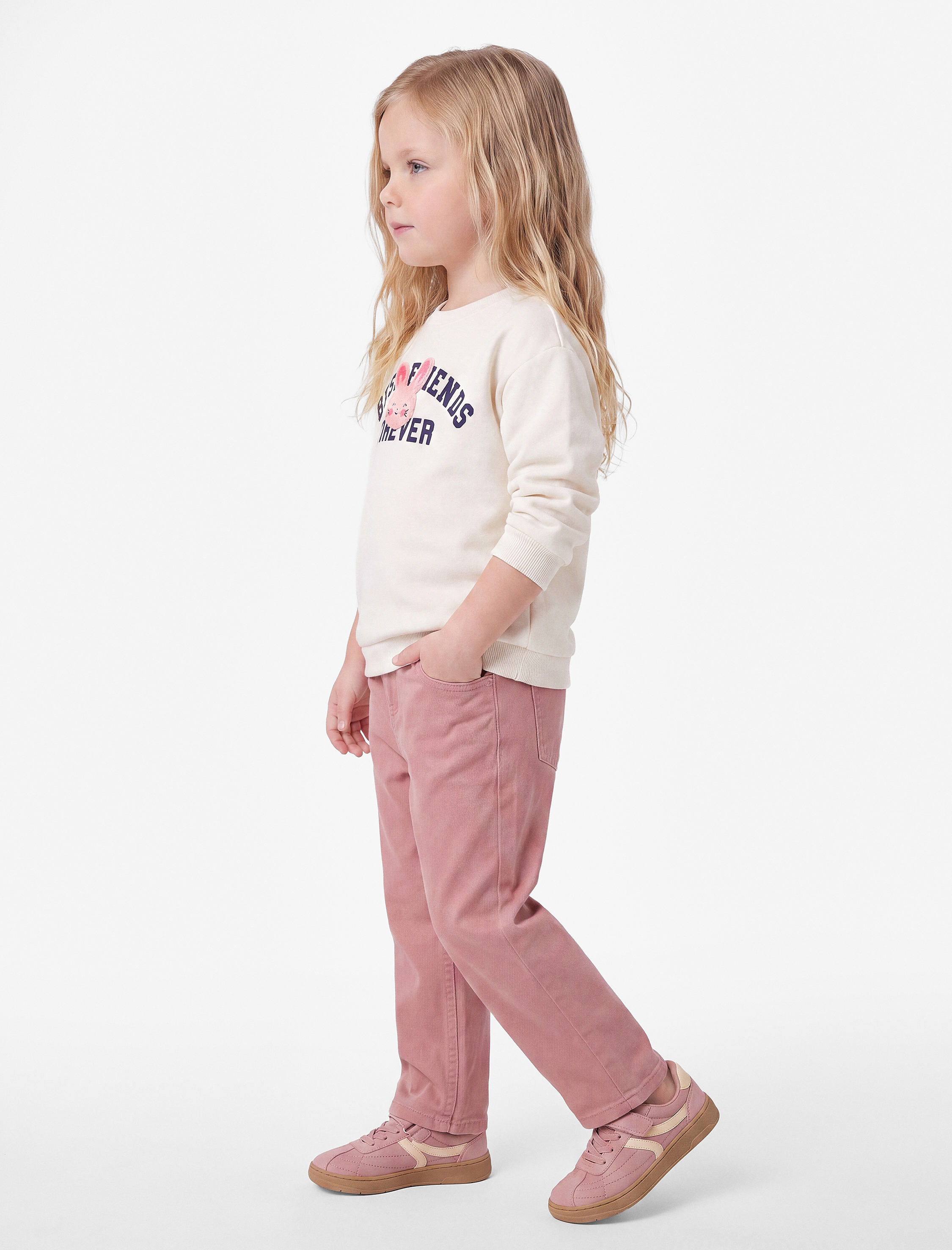  Kız Bebek Tavşan Nakışlı Bisiklet Yaka Uzun Kollu Şardonlu Sweatshirt