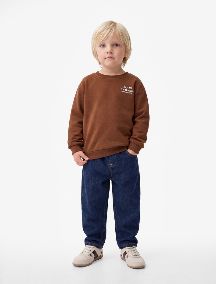 Erkek Bebek Baskılı Şardonlu Pamuklu Bisiklet Yaka Uzun Kollu Sweatshirt