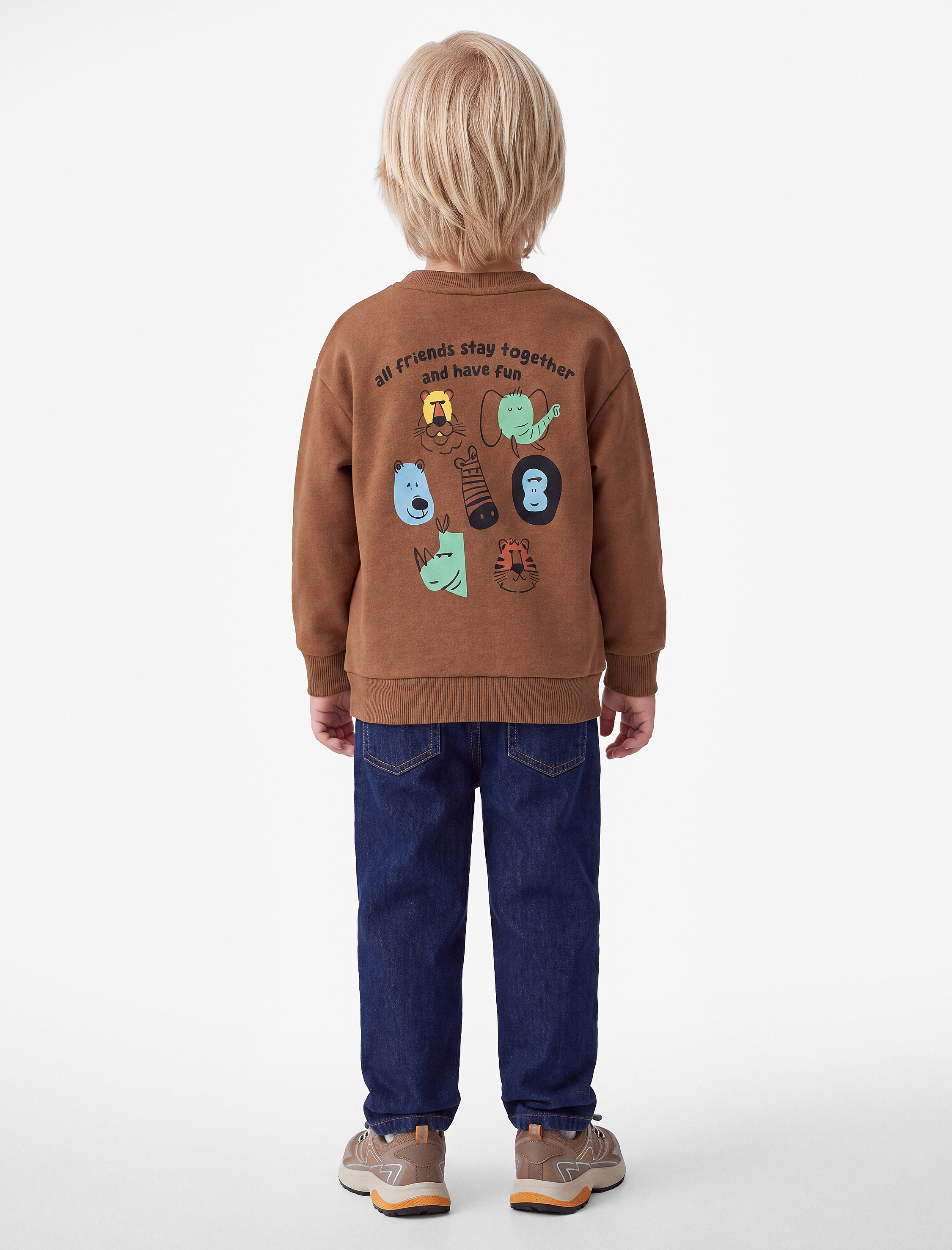  Erkek Bebek Hayvan Detaylı Arkası Baskılı Şardonlu Bisiklet Yaka Uzun Kollu Sweatshirt