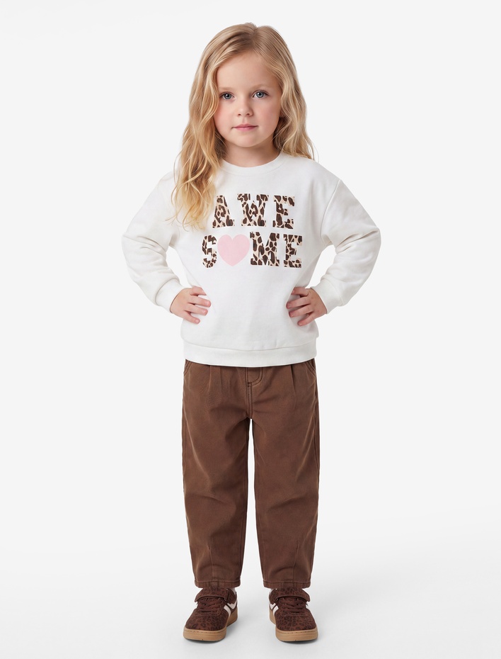Kız Bebek Baskılı Bisiklet Yaka Kısa Kollu Şardonlu Sweatshirt