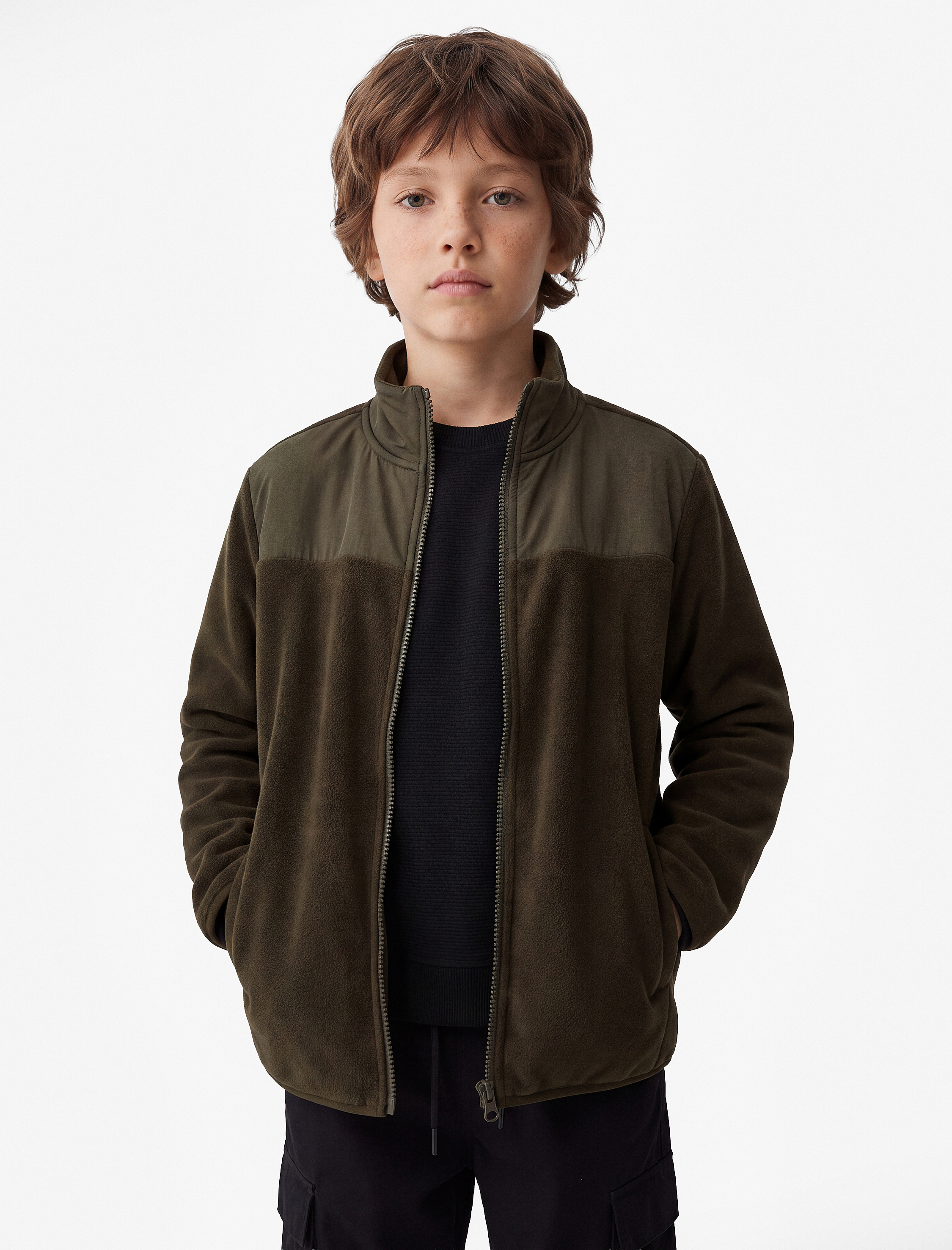  Erkek Çocuk Cep Detaylı Fermuarlı Uzun Kollu Dik Yaka Polar Sweatshirt