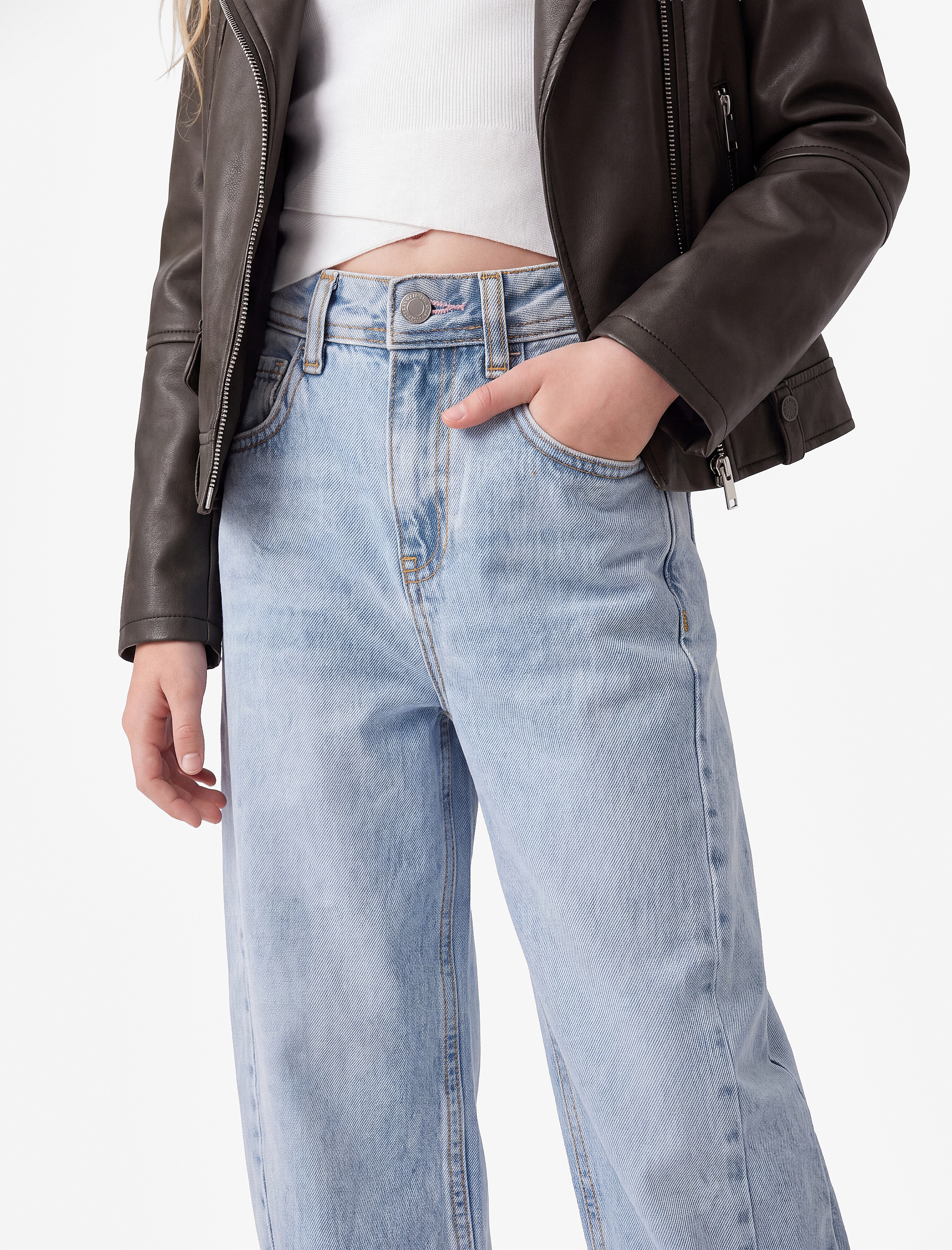  Kız Çocuk Barrel Denim Pantolon Cep Detaylı Bol Kesim Pamuklu